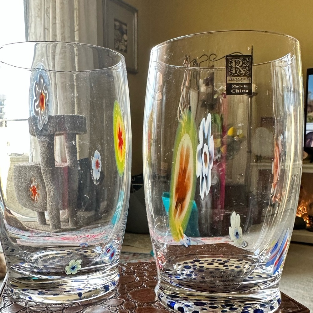Roscher & Co. Pair Vintage Handblown Murano Colorful Floral Art Drinking Glasses